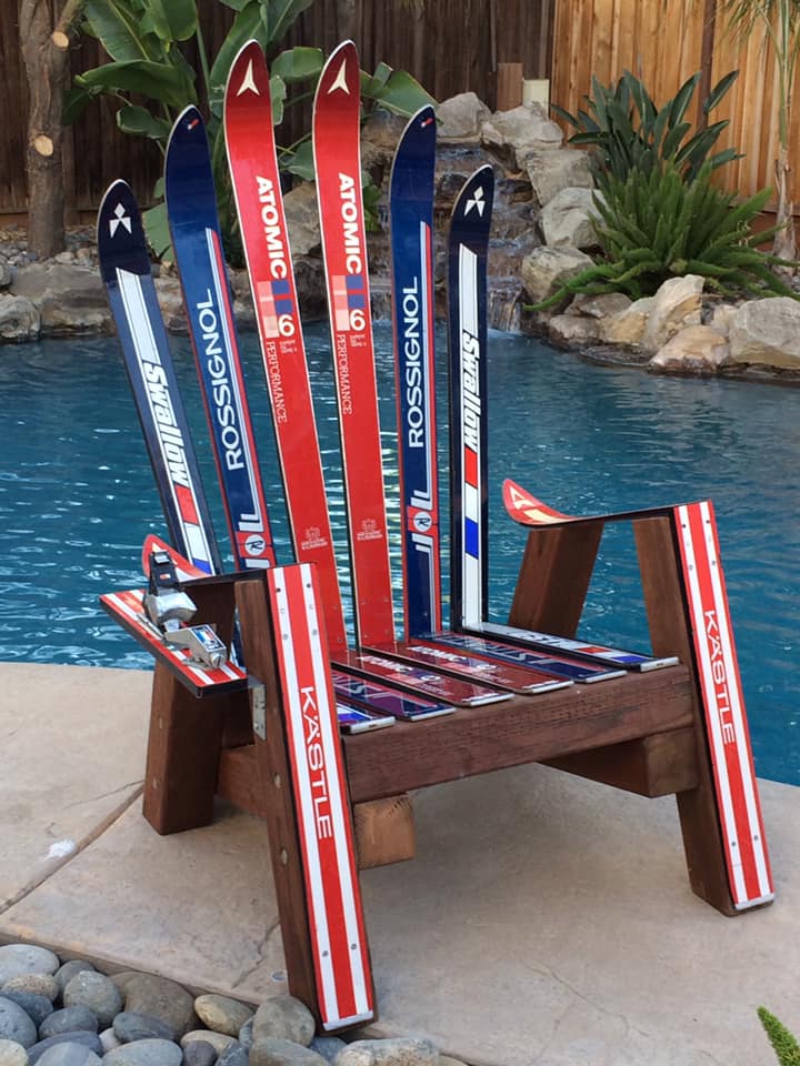 atomic and rossi and swallow ski chair made with recycled snow skis