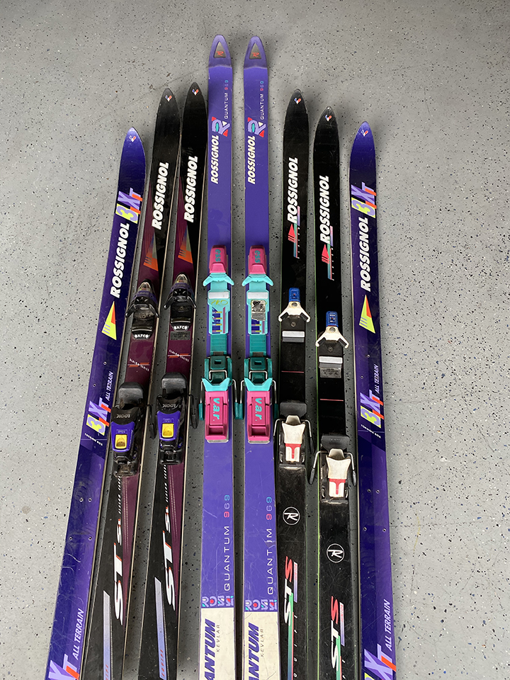 Rossi brand skis on display as sample for colors and brands for custom ski chair