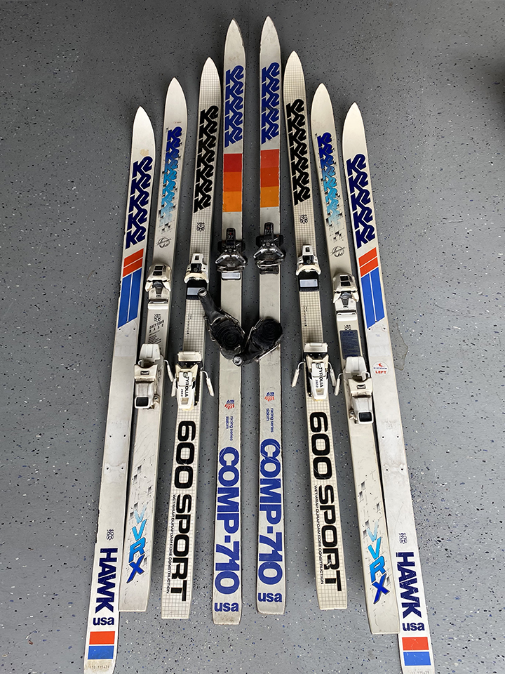K2 brand skis on display as sample for colors and brands for custom ski chair